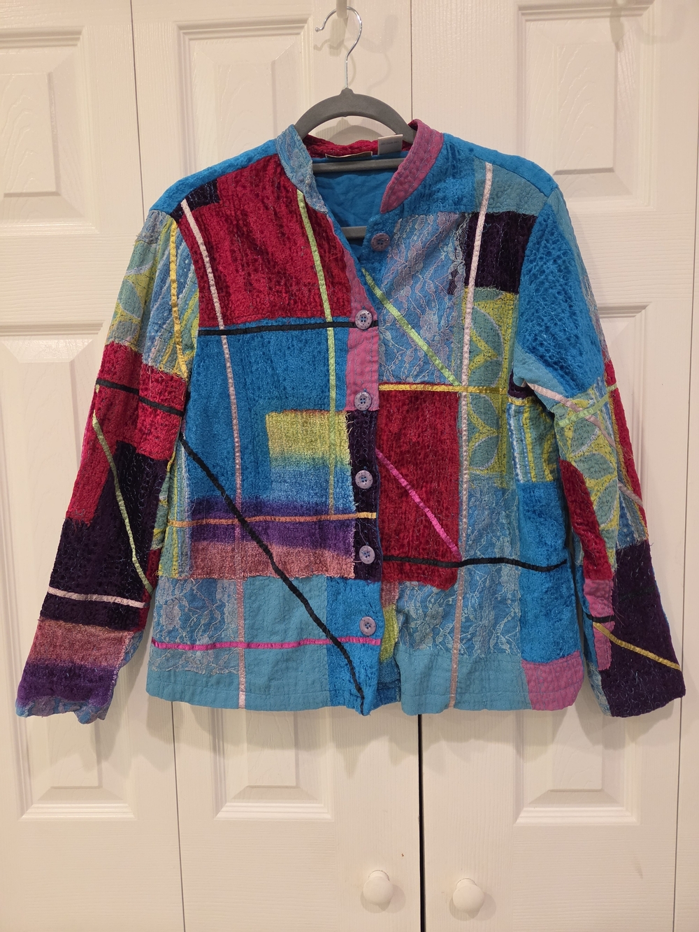 Vintage Y2K Studio Works Blue Multicolor Velvet Patchwork Jacket- Wearable Art